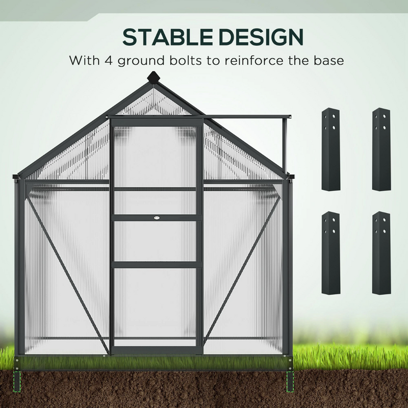 6.2' x 4.3' Walk-In Greenhouse with Aluminum Frame, Polycarbonate Panels and Sliding Door - Grey