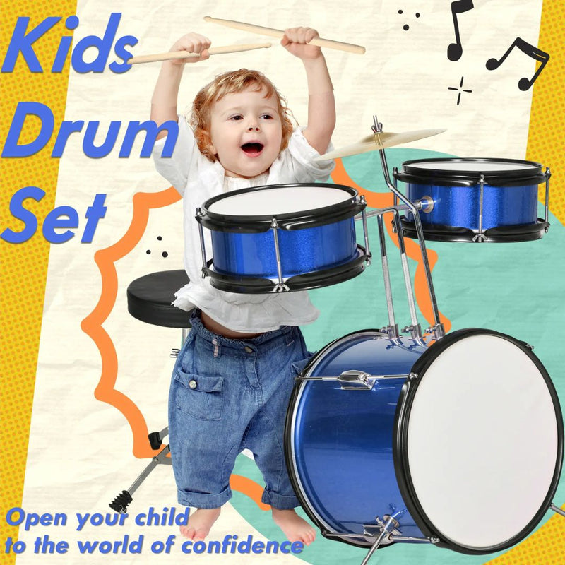 7pc Beginner Blue Drum Set for Kids with Thrown, Cymbal, Pedal and Drumsticks