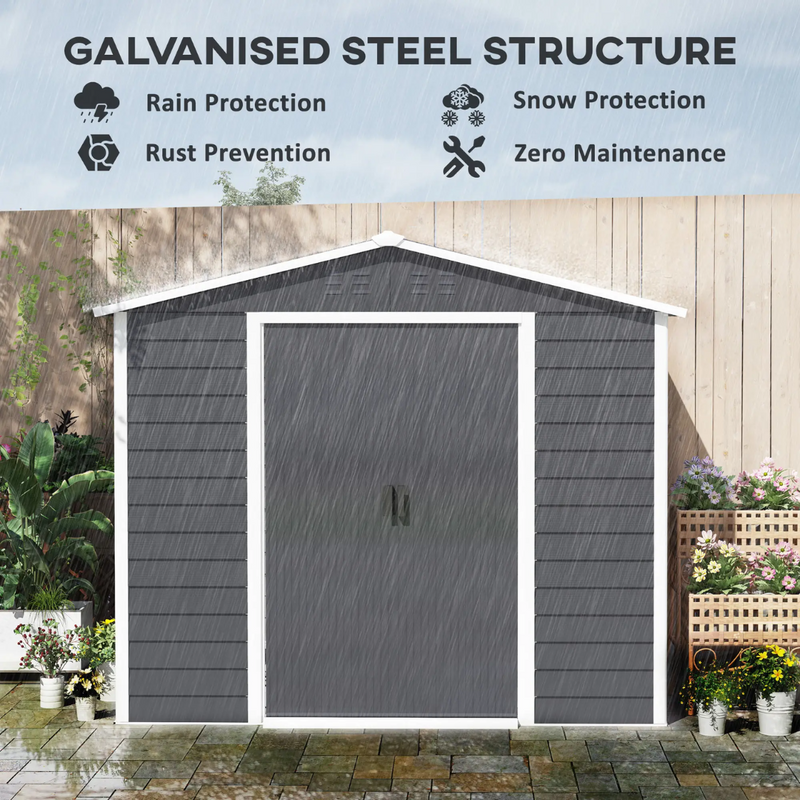 8' x 7' Galvanized Steel Outdoor Storage Shed with Dual Sliding Doors and Floor Frame - Dark Grey