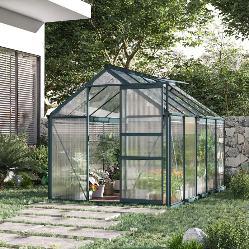 6' x 10' Polycarbonate Walk-in Greenhouse with Aluminum Frame and Sliding Door - Green