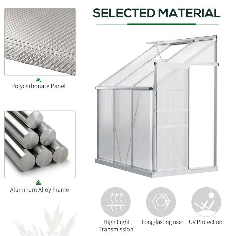 6' x 4' Lean To Walk-In Aluminum Frame Greenhouse with Polycarbonate Panels - Silver