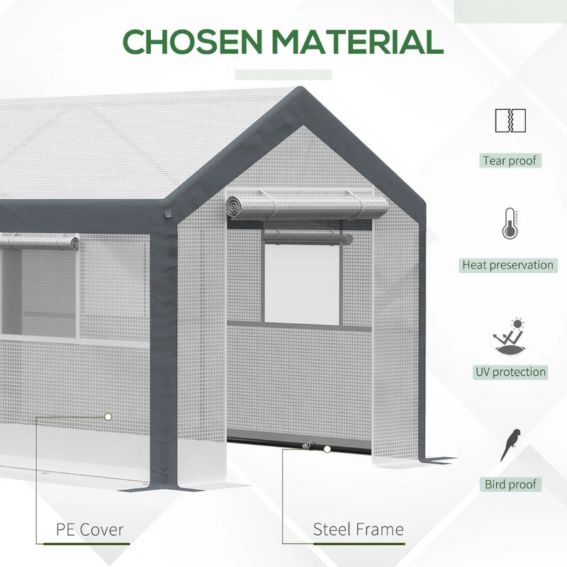 12' x 7' Heavy Duty Walk-In Plastic Cover Garden Greenhouse, Peaked Roof, Steel Frame, White