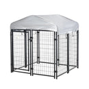 Dog Kennel, 4' x 4' Solid Steel Fence Outdoor Dog Kennel with 4.5' Height and Oxford Canopy Cover - Seasonal Overstock