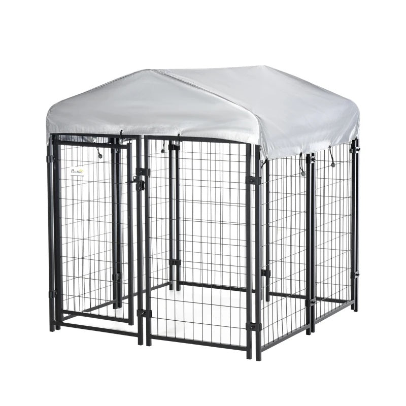 4' x 4' Solid Steel Fence Outdoor Dog Kennel with 4.5' Height and Oxford Canopy Cover