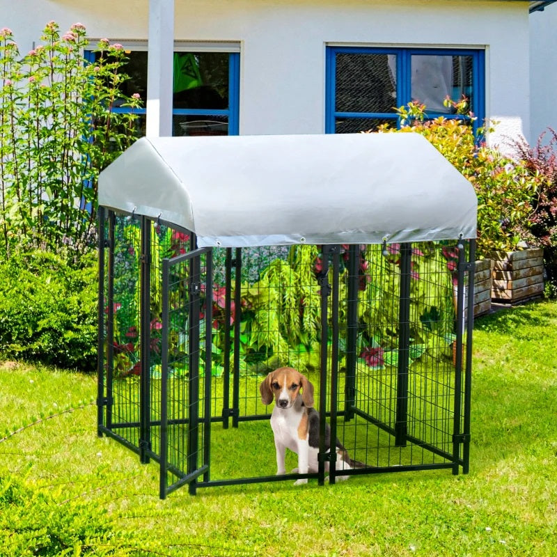 4' x 4' Solid Steel Fence Outdoor Dog Kennel with 4.5' Height and Oxford Canopy Cover