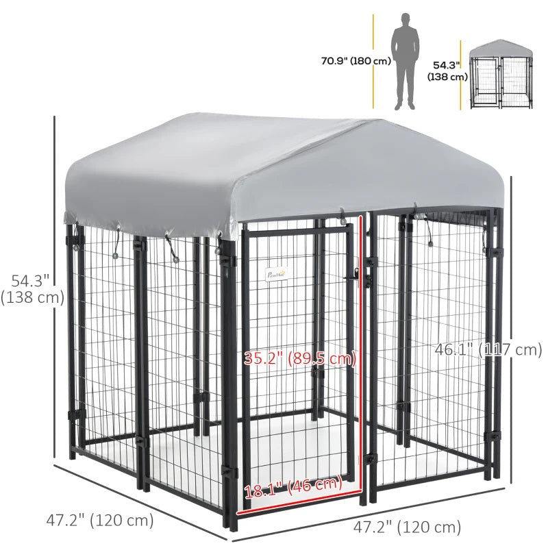 4' x 4' Solid Steel Fence Outdoor Dog Kennel with 4.5' Height and Oxford Canopy Cover