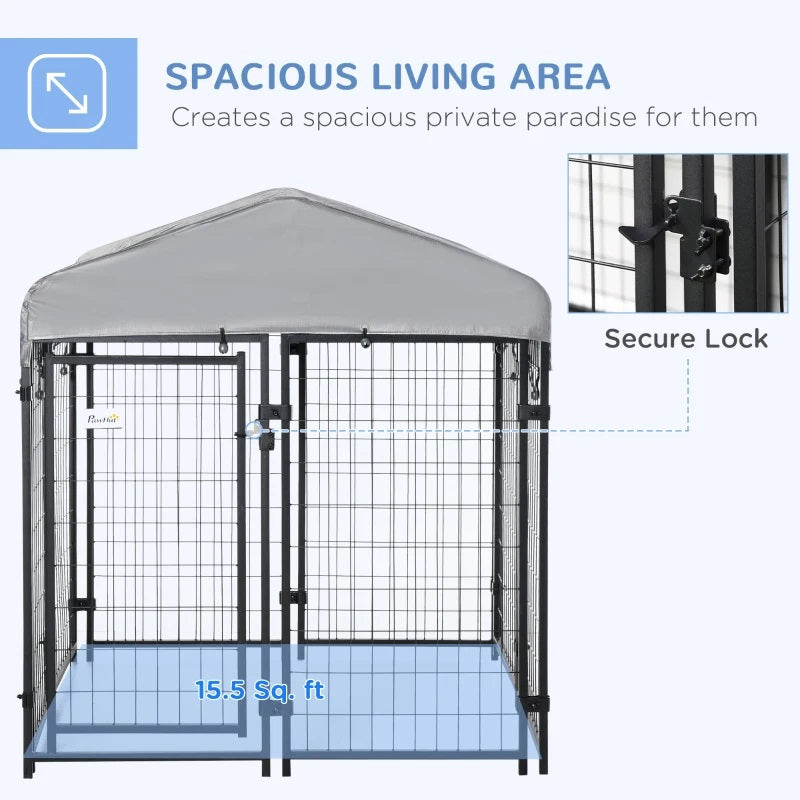 4' x 4' Solid Steel Fence Outdoor Dog Kennel with 4.5' Height and Oxford Canopy Cover