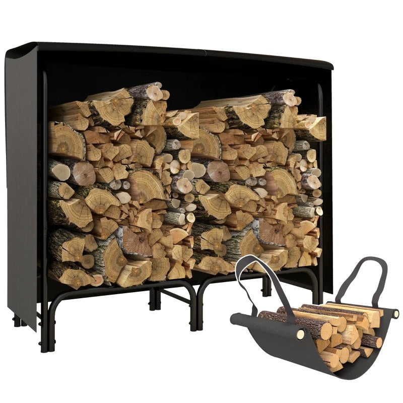 4ft Outdoor Firewood Storage Rack with Protective Cover and Log Carrier