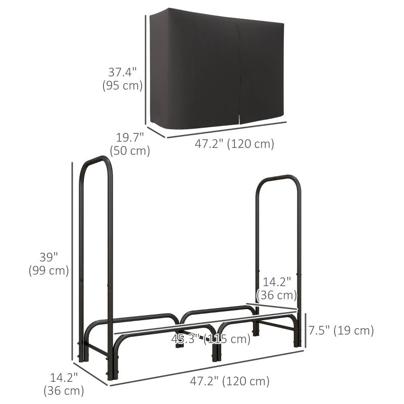 4ft Steel Outdoor Firewood Rack with Adjustable Length and Weather Protection Cover