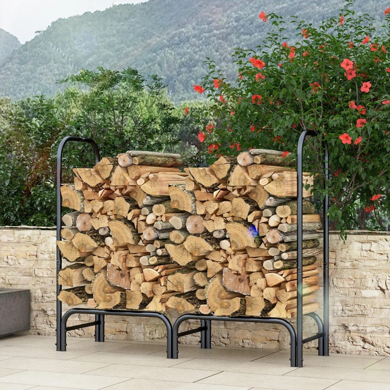 4ft Steel Outdoor Firewood Rack with Adjustable Length and Weather Protection Cover