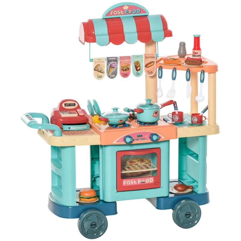 50pc Fast Food Cooking Cart Playset with Cash Register, Utensils and Play Food for Ages 3-6