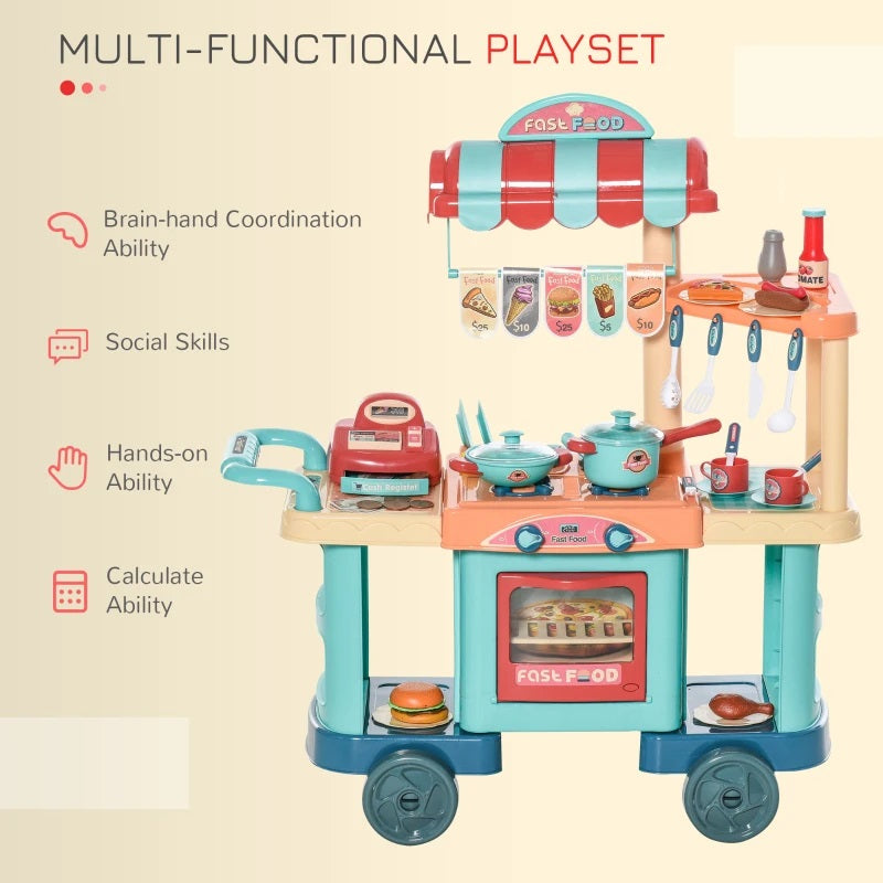 50pc Fast Food Cooking Cart Playset with Cash Register, Utensils and Play Food for Ages 3-6