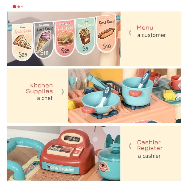 50pc Fast Food Cooking Cart Playset with Cash Register, Utensils and Play Food for Ages 3-6