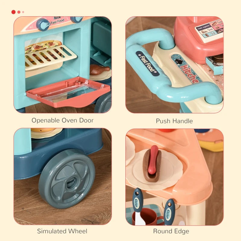 50pc Fast Food Cooking Cart Playset with Cash Register, Utensils and Play Food for Ages 3-6