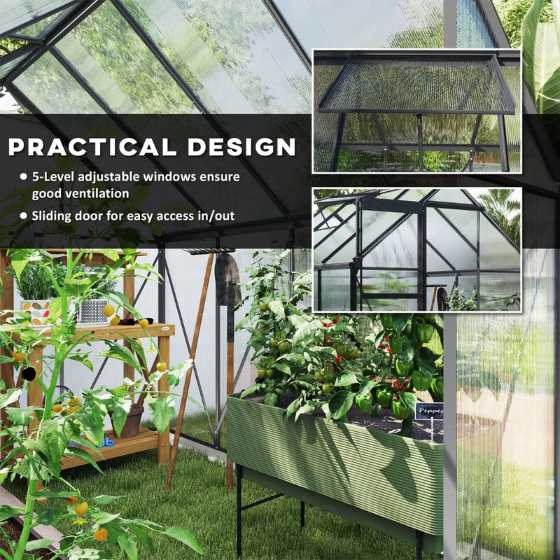 6' x 8' Walk-In Greenhouse with Aluminum Frame and Polycarbonate Panels, Sliding Door - Grey