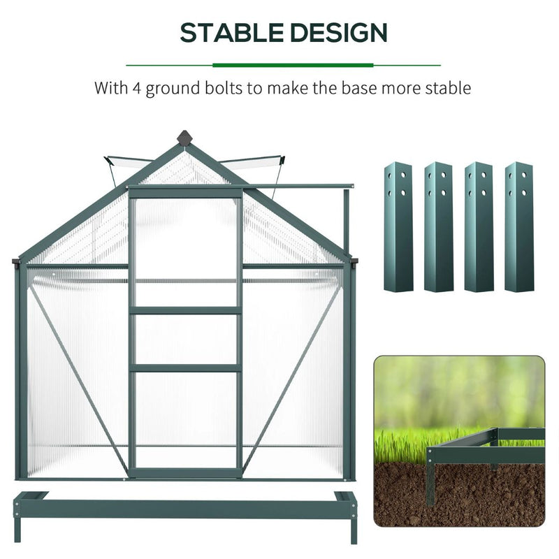 6' x 10' Polycarbonate Walk-in Greenhouse with Aluminum Frame and Sliding Door - Green