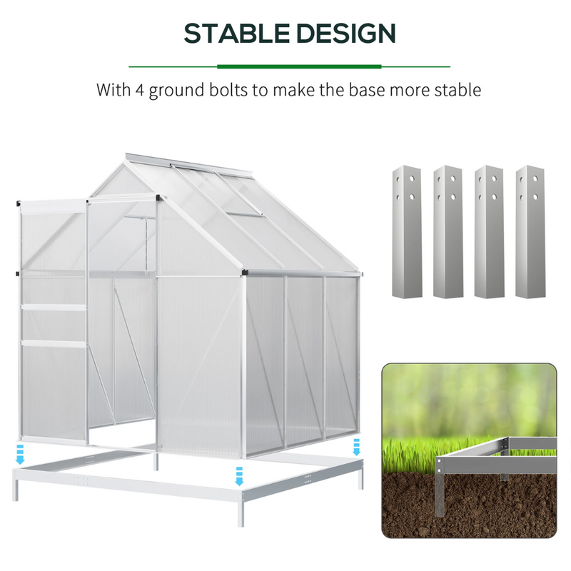 6' x 6' Walk-In Greenhouse with Aluminum Frame and Polycarbonate Panels, Sliding Door - Silver