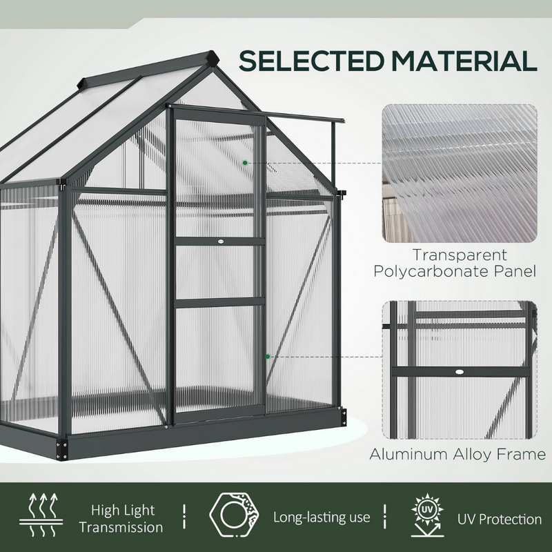 6.2' x 4.3' Walk-In Greenhouse with Aluminum Frame, Polycarbonate Panels and Sliding Door - Grey