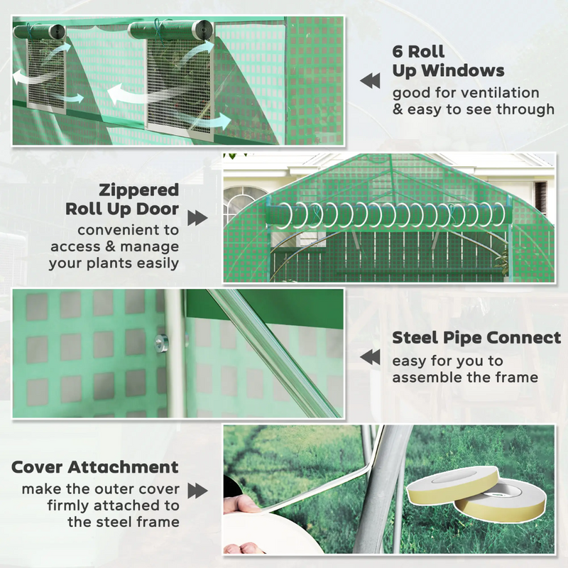 6.6' x 11.4' Walk-In Portable Plastic Cover Garden Greenhouse, Peaked Roof, Steel Frame, Green