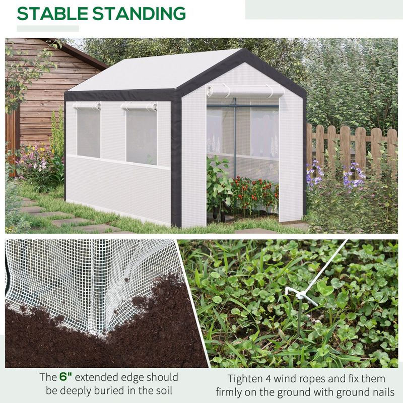 10' x 6.6' Heavy Duty Walk-In Plastic Cover Garden Greenhouse, Peaked Roof, Steel Frame, White