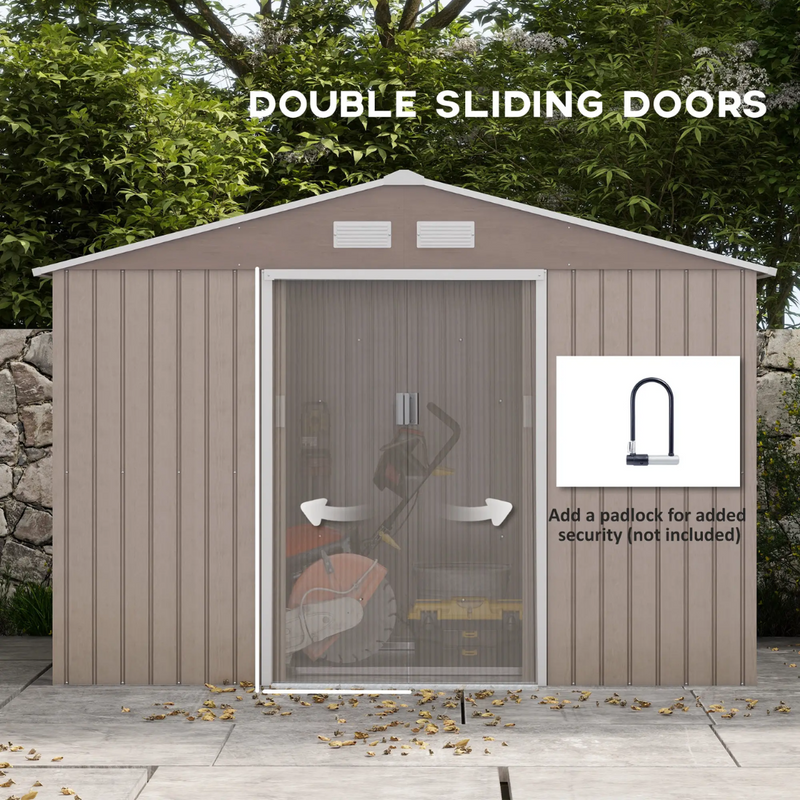 9' x 6.4' Outdoor Garden Storage Shed with Dual Sliding Doors - Brown Wood Grain