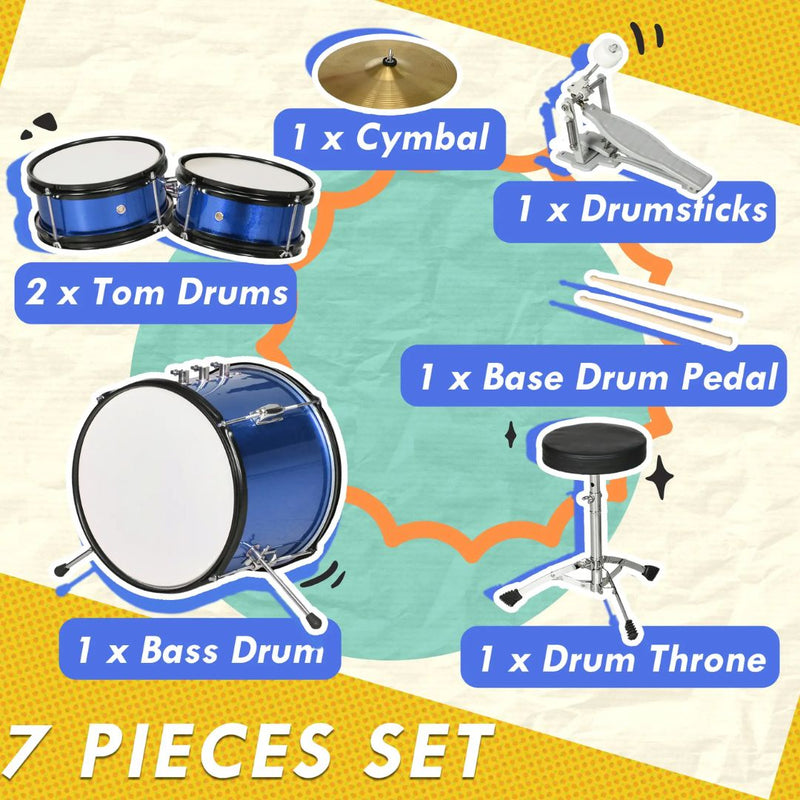 7pc Beginner Blue Drum Set for Kids with Thrown, Cymbal, Pedal and Drumsticks