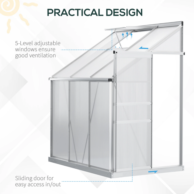 6' x 4' Lean To Walk-In Aluminum Frame Greenhouse with Polycarbonate Panels - Silver