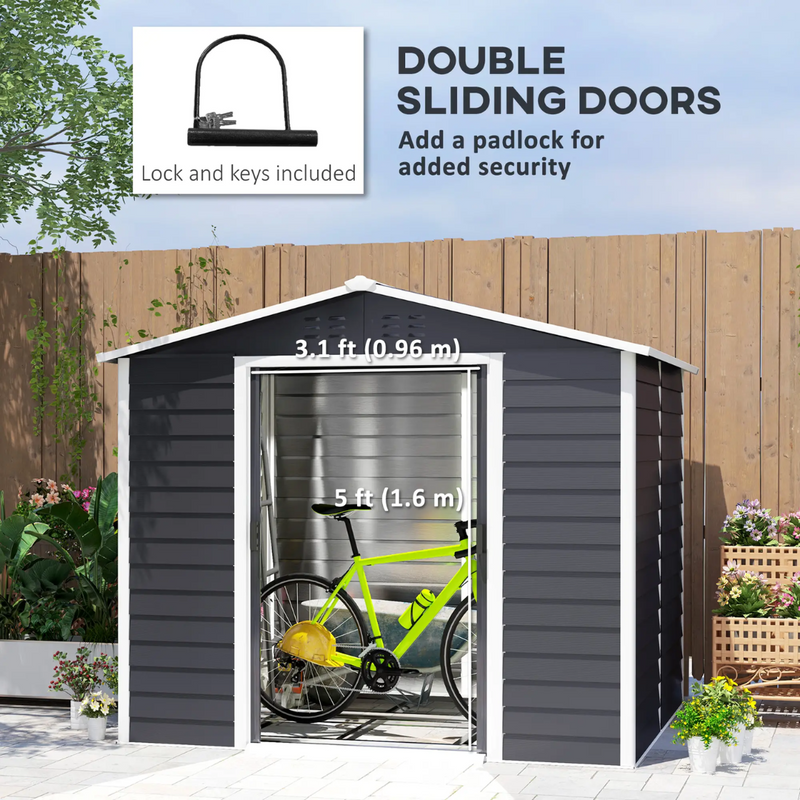 8' x 7' Galvanized Steel Outdoor Storage Shed with Dual Sliding Doors and Floor Frame - Dark Grey