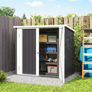 5 x 3 ft Outdoor storage shed with tools and equipment inside, surrounded by a wooden fence and greenery.