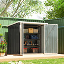 5' x 3' Outdoor garden metal storage shed with open lockable doors, filled with various items, in a garden setting.