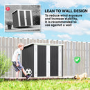 5x3 ft metal lean to storage shed with a child playing soccer and a dog in a grassy area, with text about lean-to wall design.