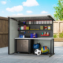 5 x 3 ft black outdoor storage shed with shelves and a workbench, filled with various items, on a wooden deck.
