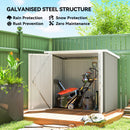 5 x 3ft Metal storage shed with garden tools in a backyard setting, featuring text about its features.