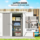 5x3ft Storage shed with latched door, tools inside, and lock details.