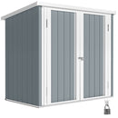 5x3ft Gray metal storage shed with white trim on a white background