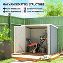 5x3 ft Metal storage shed with garden tools in a backyard setting, featuring text about its features.