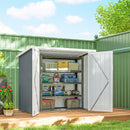 Metal storage shed with open doors showing various items on a wooden deck, surrounded by greenery.