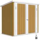 Tan 5x3 ft garden storage shed with a white frame and a padlock on a white background