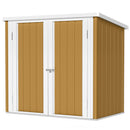 Small 5x3 ft tan garden storage shed with brown doors and white frame on a white background
