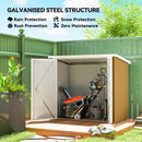 5 x 3ft Outdoor storage shed with gardening tools, labeled for galvanized steel structure benefits.