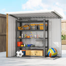 Tan 5x3 Metal storage shed with shelves filled with tools and sports equipment on a clear day.