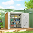 5' x 3' metal Outdoor storage shed with tools and equipment on a sunny day