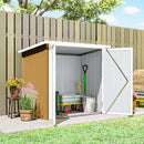 5x3 Tan coloured small garden storage shed with garden tools and plants in a backyard setting