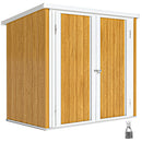 Small 5x3 ft tan wood grain look storage shed with gray doors and white trim on a white background
