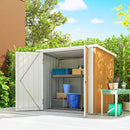 5 x 3 ft Outdoor steel storage shed with shelves and items in a garden setting