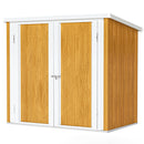 5 x 3 ft Small storage shed with wood grain appearance on doors and white trim on a white background