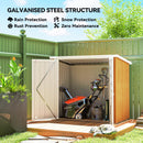 Outdoor storage shed with garden tools inside, featuring galvanized steel structure benefits.
