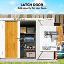 5 x 3 Lockable metal storage shed with open latch door showing tools inside, labeled dimensions and lock details.