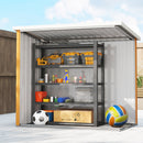 5x3 ft Metal storage shed with shelves filled with tools, sports balls, and toys outdoors.