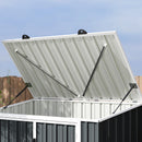 Metal roof of garbage and recycling storage bin on a clear day